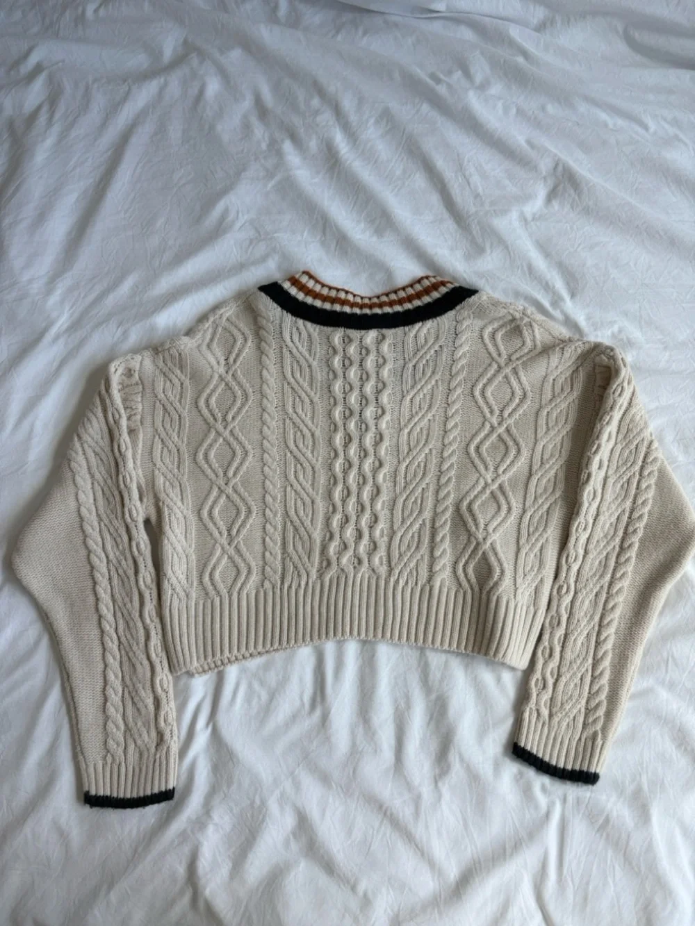 Topshop Cream Cable Knit V-Neck Sweater with Navy Blue and Orange Brown Trim - Picture 6 of 6